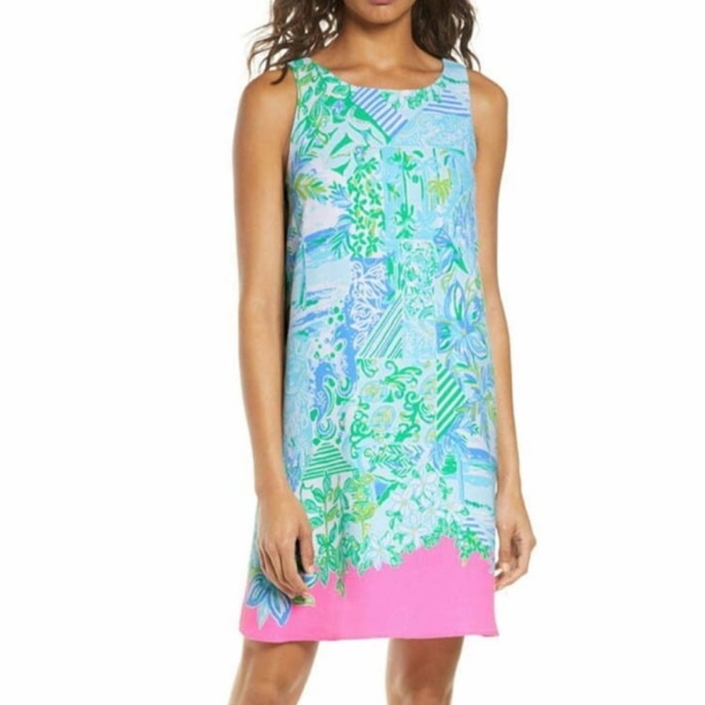 Lilly Pulitzer Jackie Shift Dress Whisper Blue Pattern Green Pink Blue Large